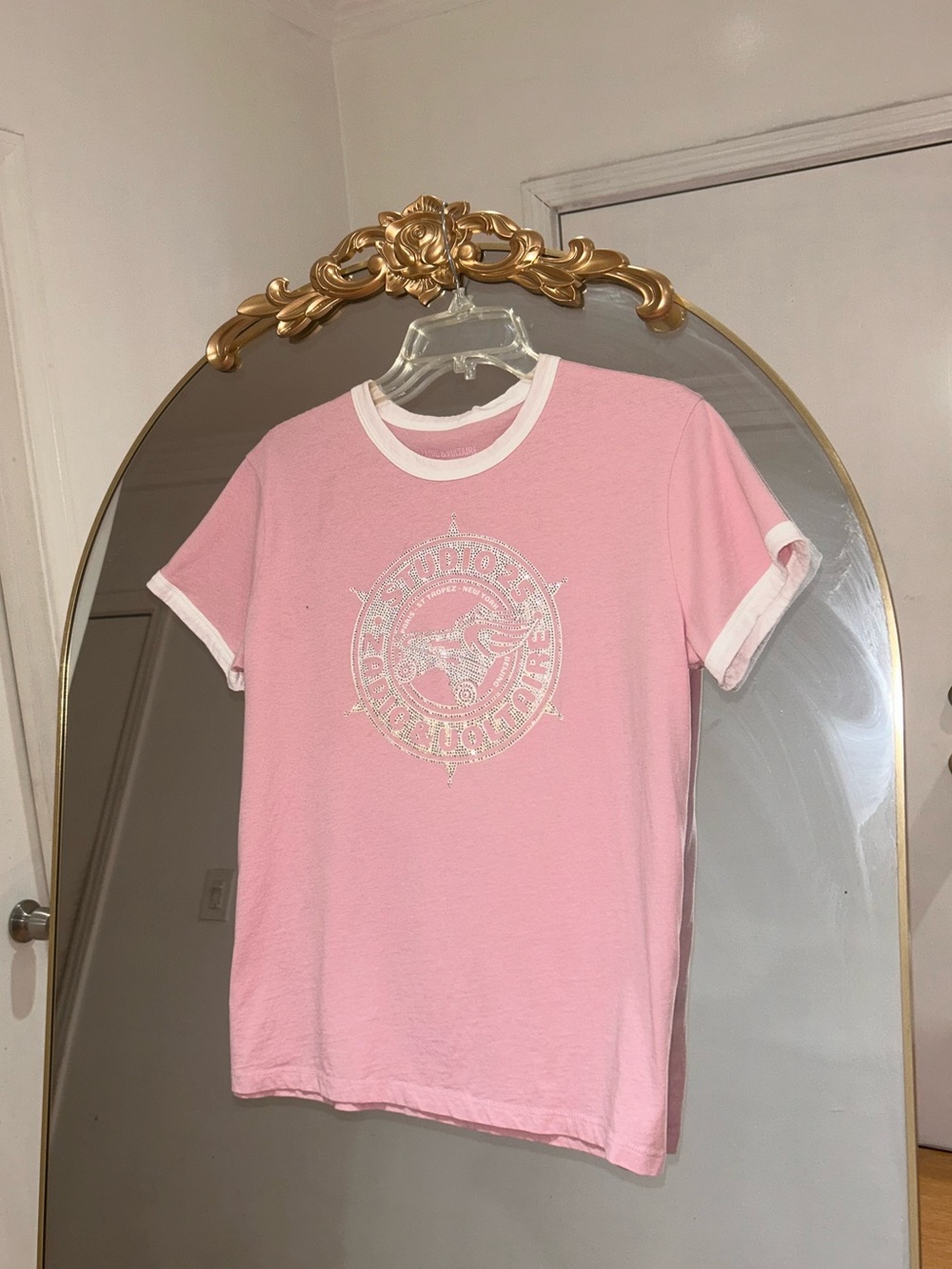 Zadig & Voltaire Rhinestone Pink T-Shirt with White Trim, Size S